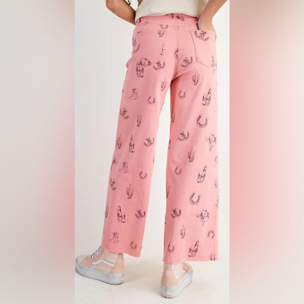 801. Easel Pink Western Print Wide-Leg Pants