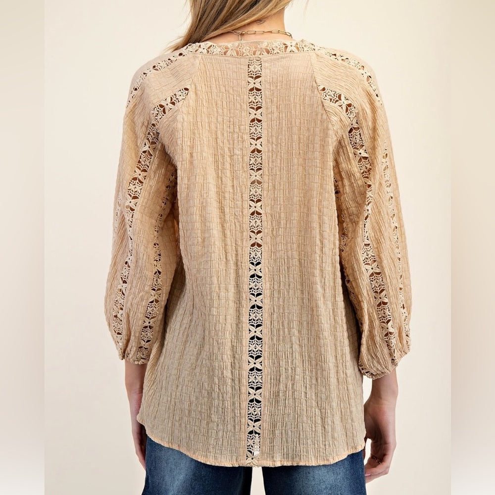 807. Easel Beige Lace-Trimmed Women's Top