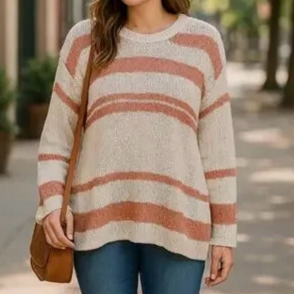 808. Easel Striped Cream and Rust Brown Women's Sweater