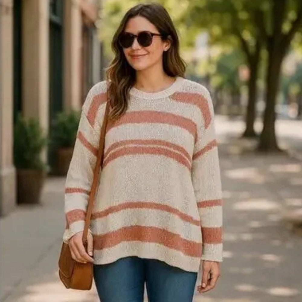 808. Easel Striped Cream and Rust Brown Women's Sweater