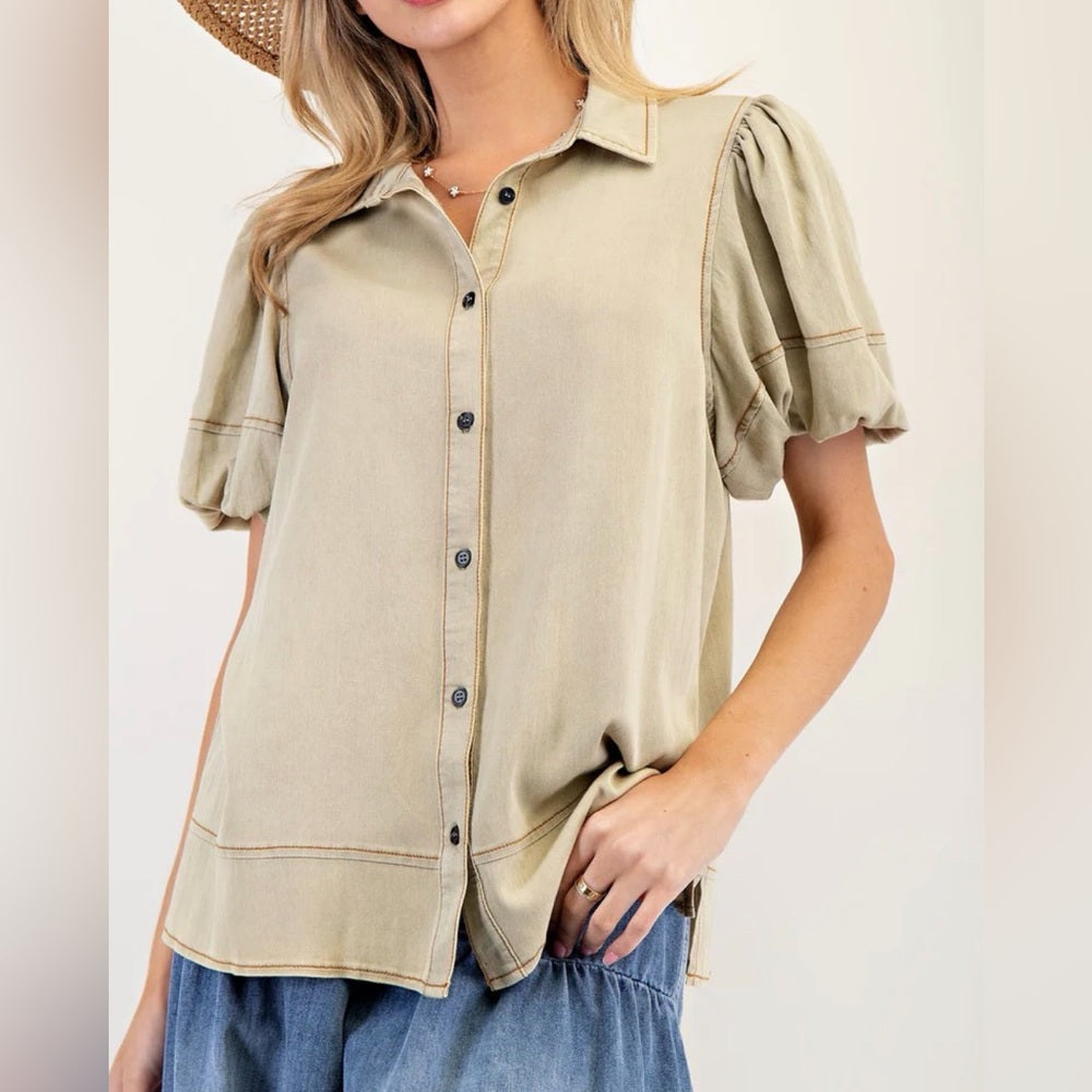 809. Easel Olive-Beige Button-Up Puff SleeveTop