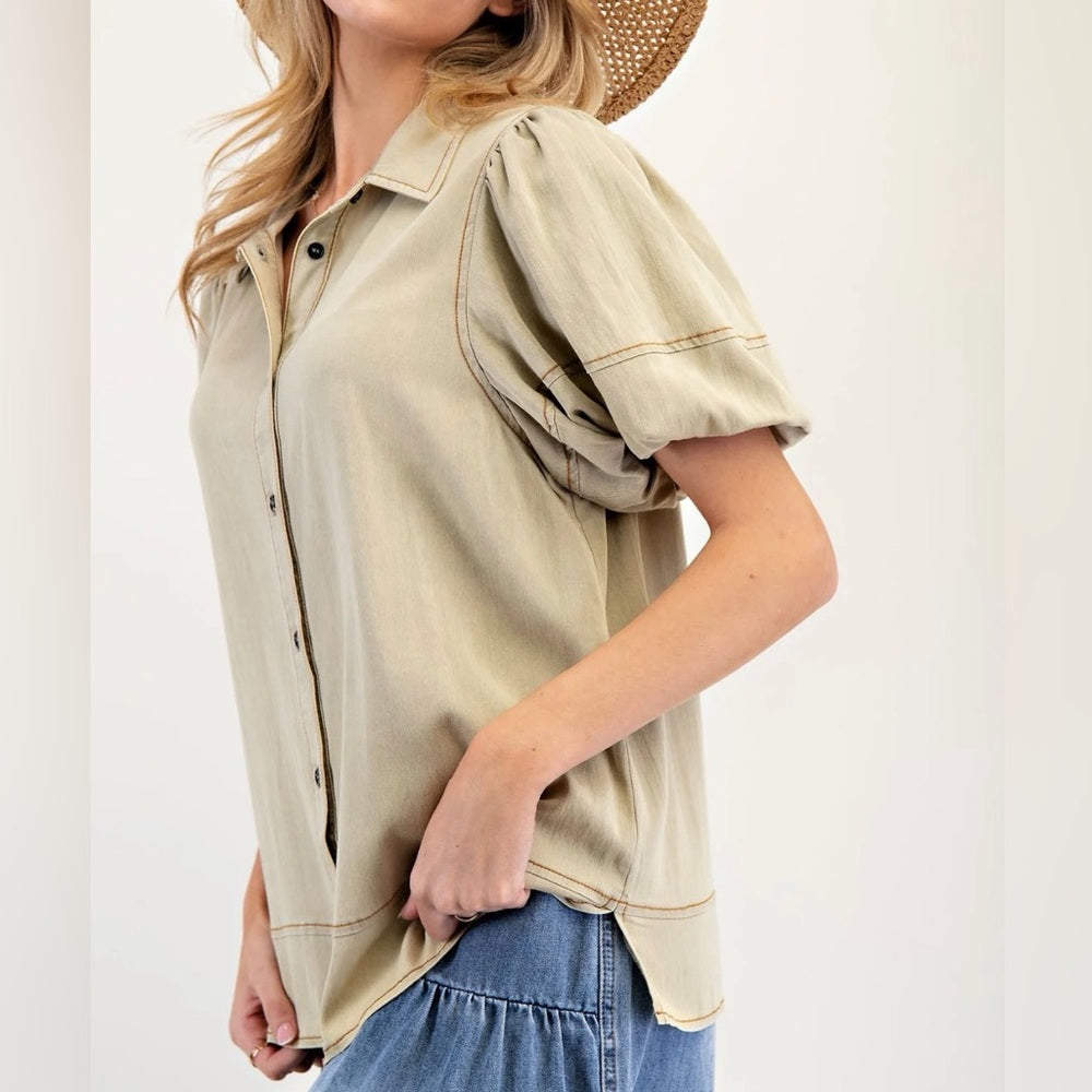 809. Easel Olive-Beige Button-Up Puff SleeveTop