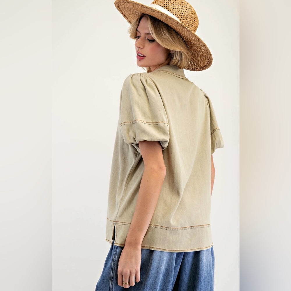 809. Easel Olive-Beige Button-Up Puff SleeveTop