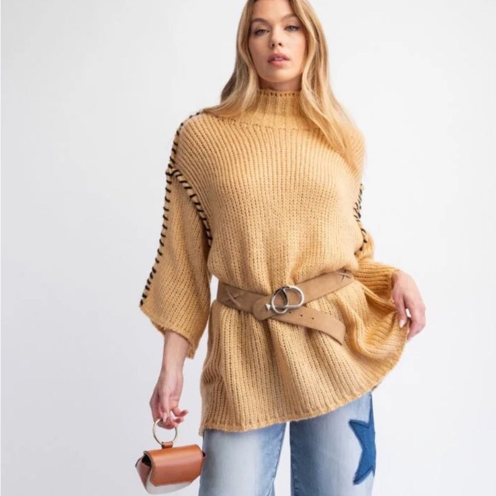 812. Easel Tan with Black Stitching Sweater