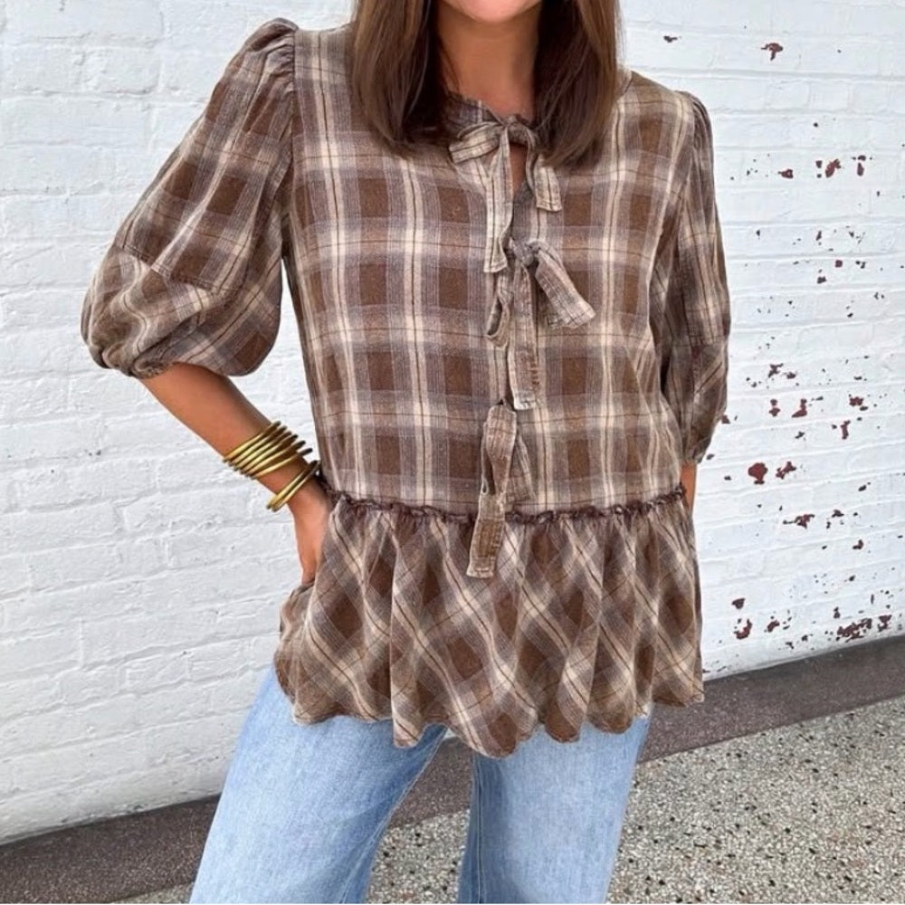 813. Easel Brown Plaid Bow Front Women's Top