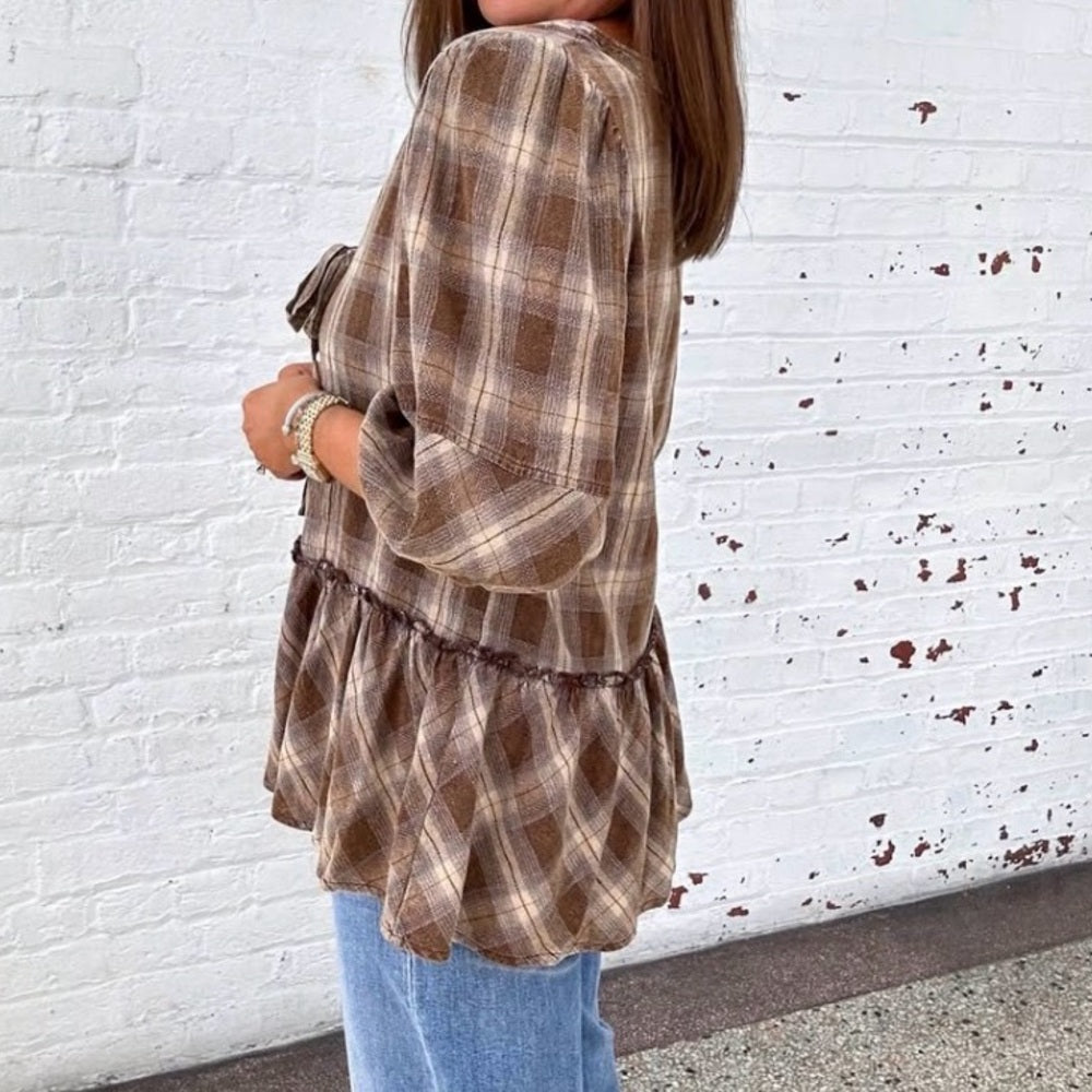 813. Easel Brown Plaid Bow Front Women's Top