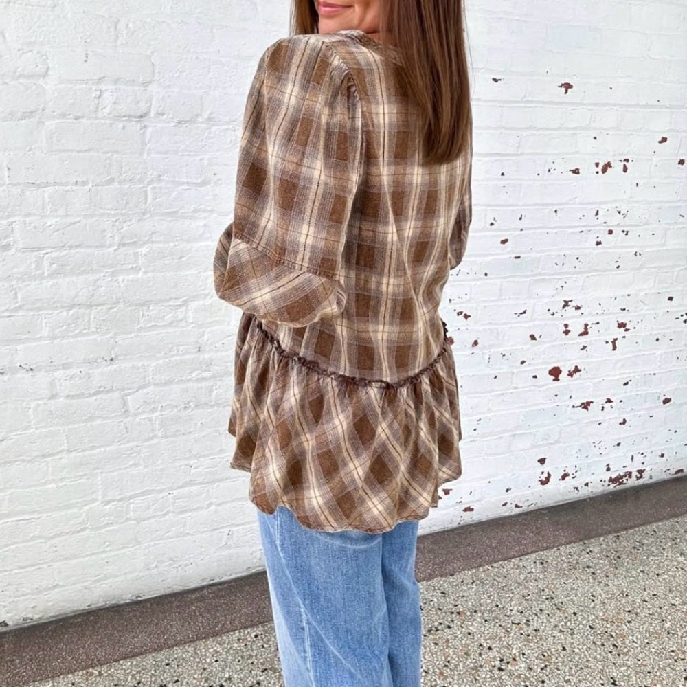 813. Easel Brown Plaid Bow Front Women's Top