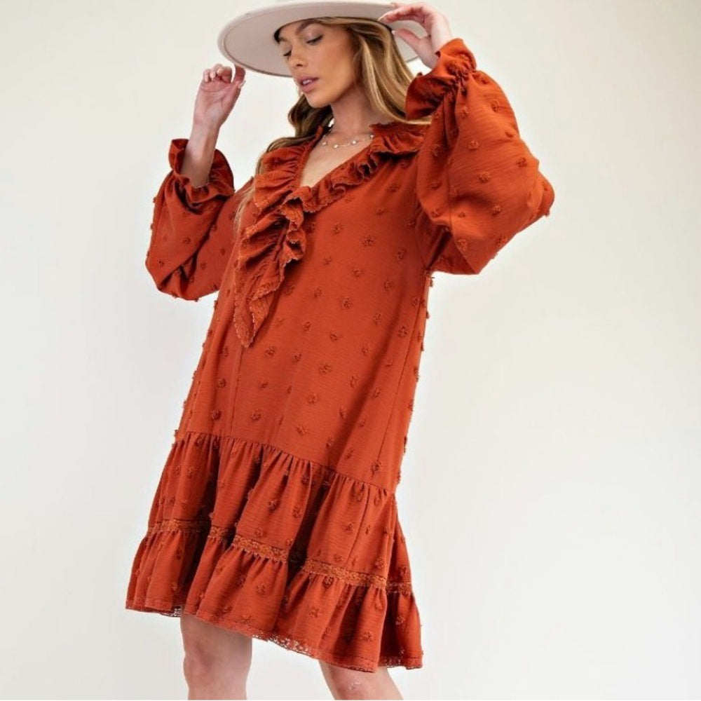 816. Easel Rust Orange Ruffle Dress