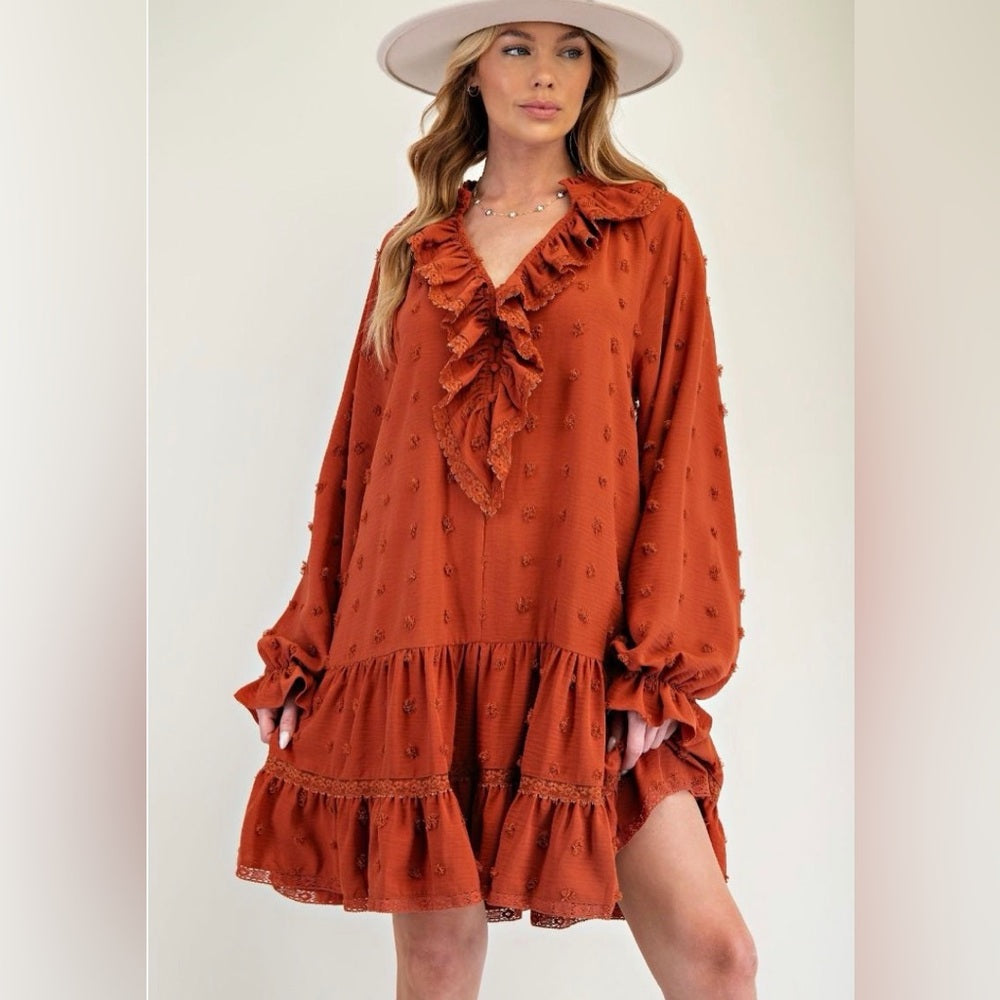 816. Easel Rust Orange Ruffle Dress