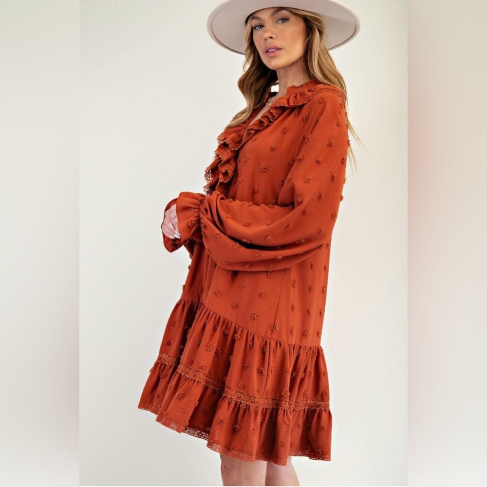 816. Easel Rust Orange Ruffle Dress