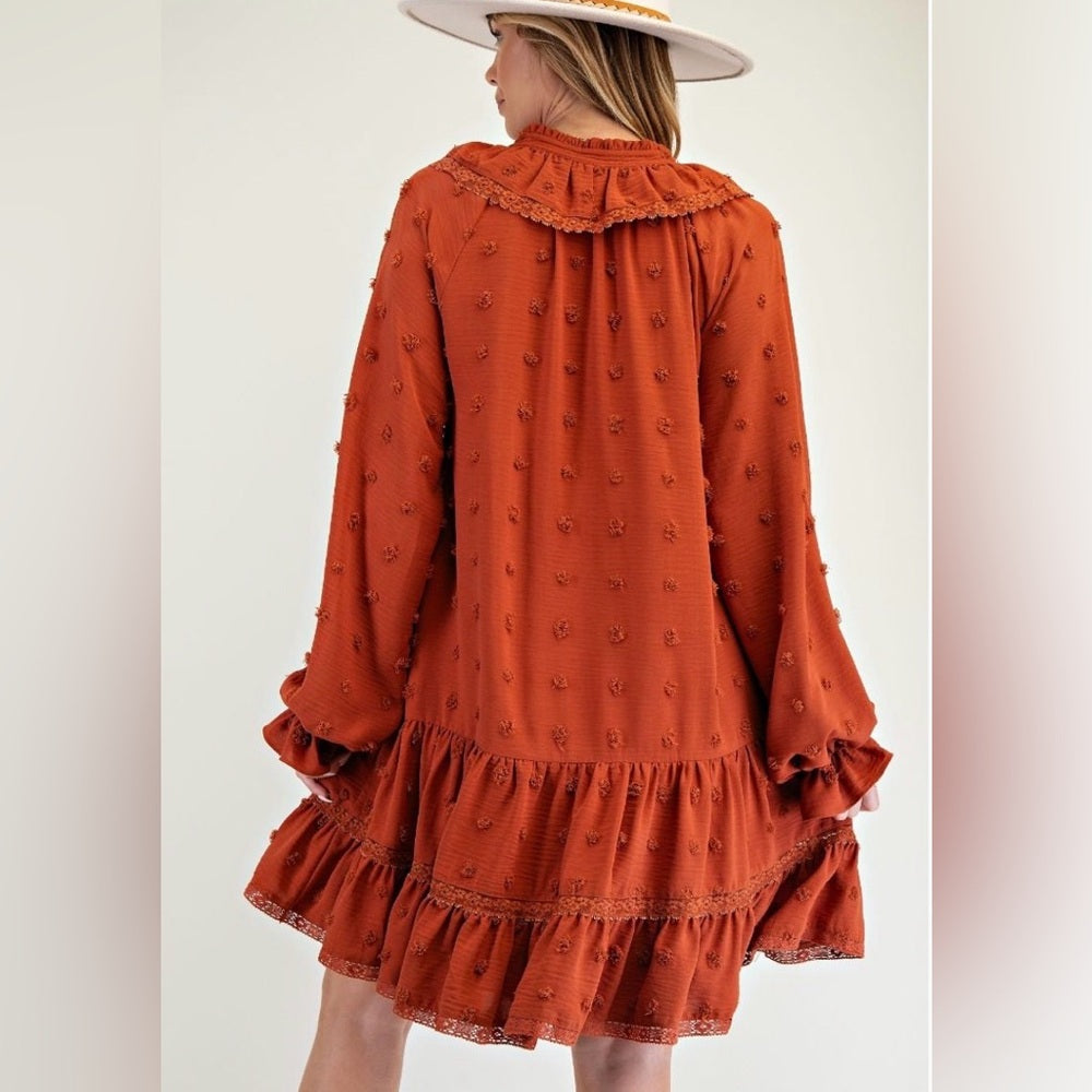 816. Easel Rust Orange Ruffle Dress