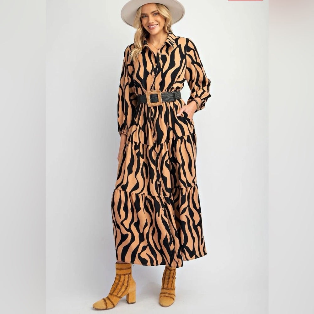 818. Easel Tan & Black Zebra Print Maxi Dress