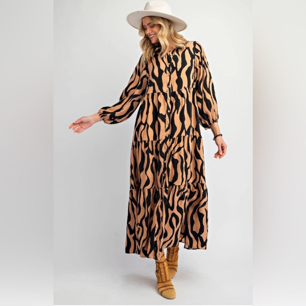 818. Easel Tan & Black Zebra Print Maxi Dress