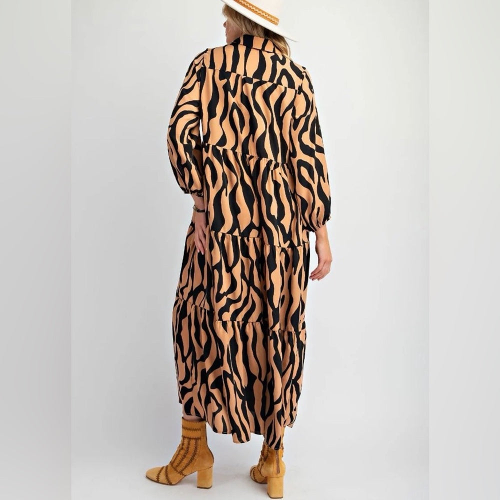 818. Easel Tan & Black Zebra Print Maxi Dress