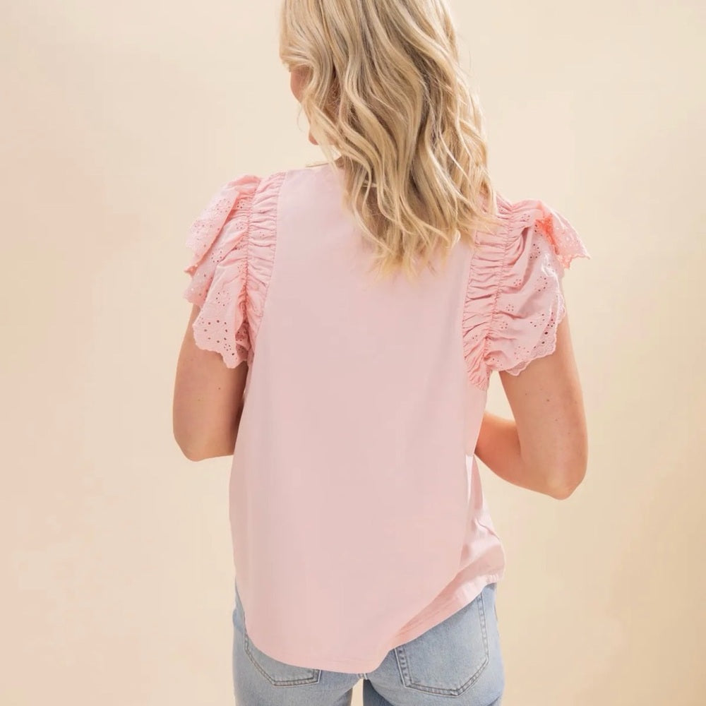 822. Easel Pink Ruffle Sleeve Top