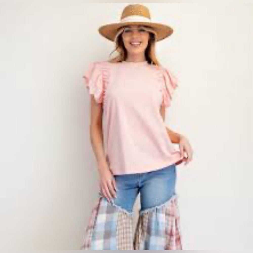 822. Easel Pink Ruffle Sleeve Top