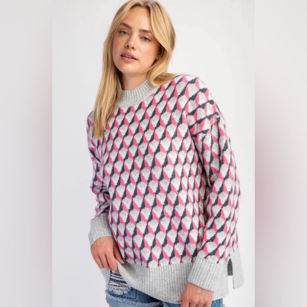 823. Easel Geometric Patterned Sweater - Pink and Gray