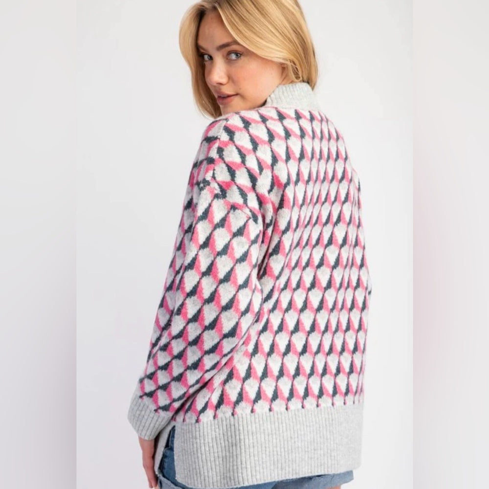 823. Easel Geometric Patterned Sweater - Pink and Gray
