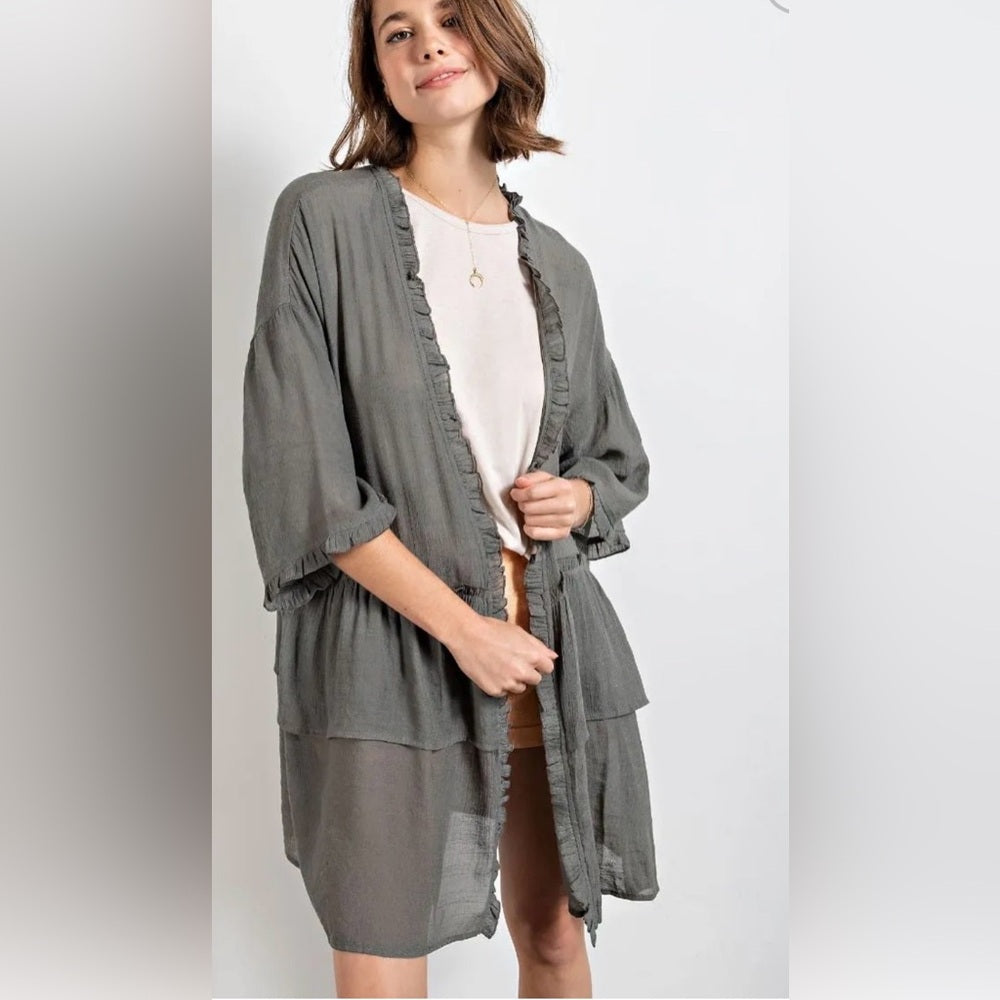 824. Easel Gray-Green Ruffled Kimono Cardigan