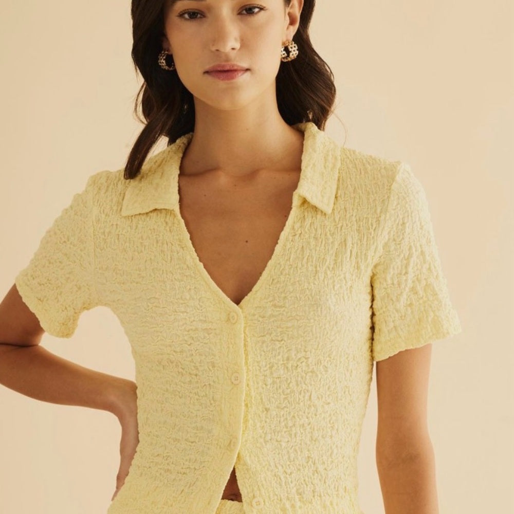 825. Easel Yellow Textured Button-Up Women's Top