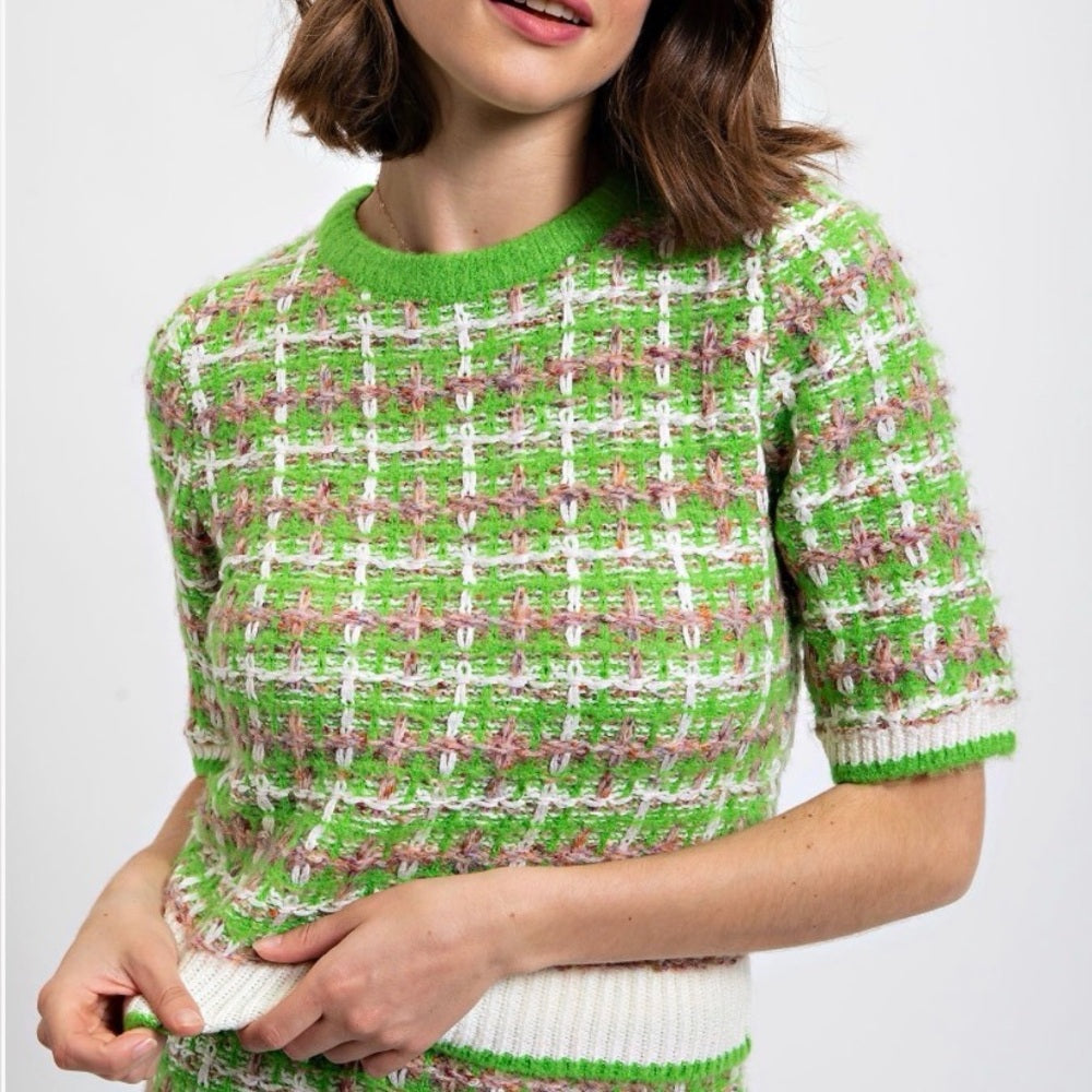 839. Easel Green and White Tweed Skirt & Top Set