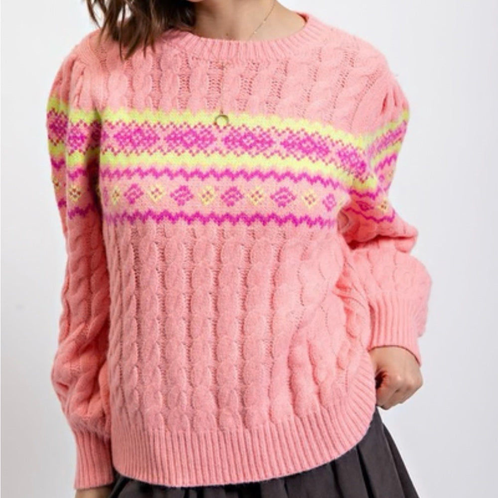 842. Easel Pink Cable Knit Sweater with Pattern