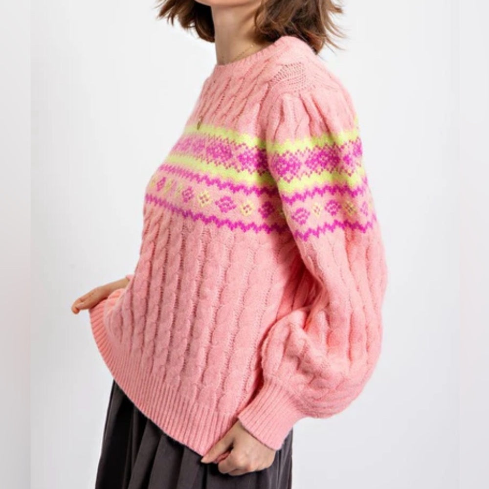 842. Easel Pink Cable Knit Sweater with Pattern
