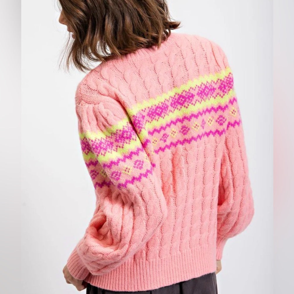 842. Easel Pink Cable Knit Sweater with Pattern