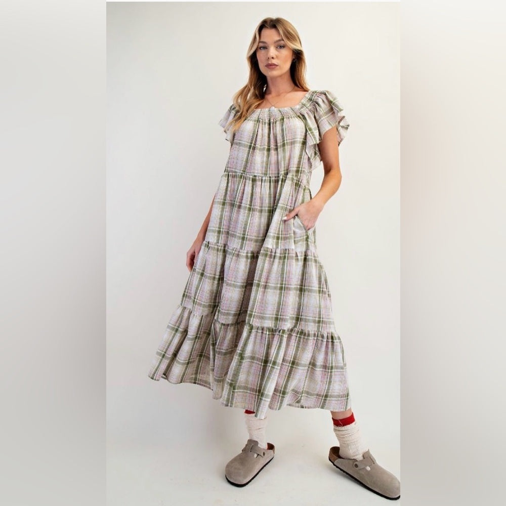 843. Easel Plaid Off-Shoulder Maxi Dress