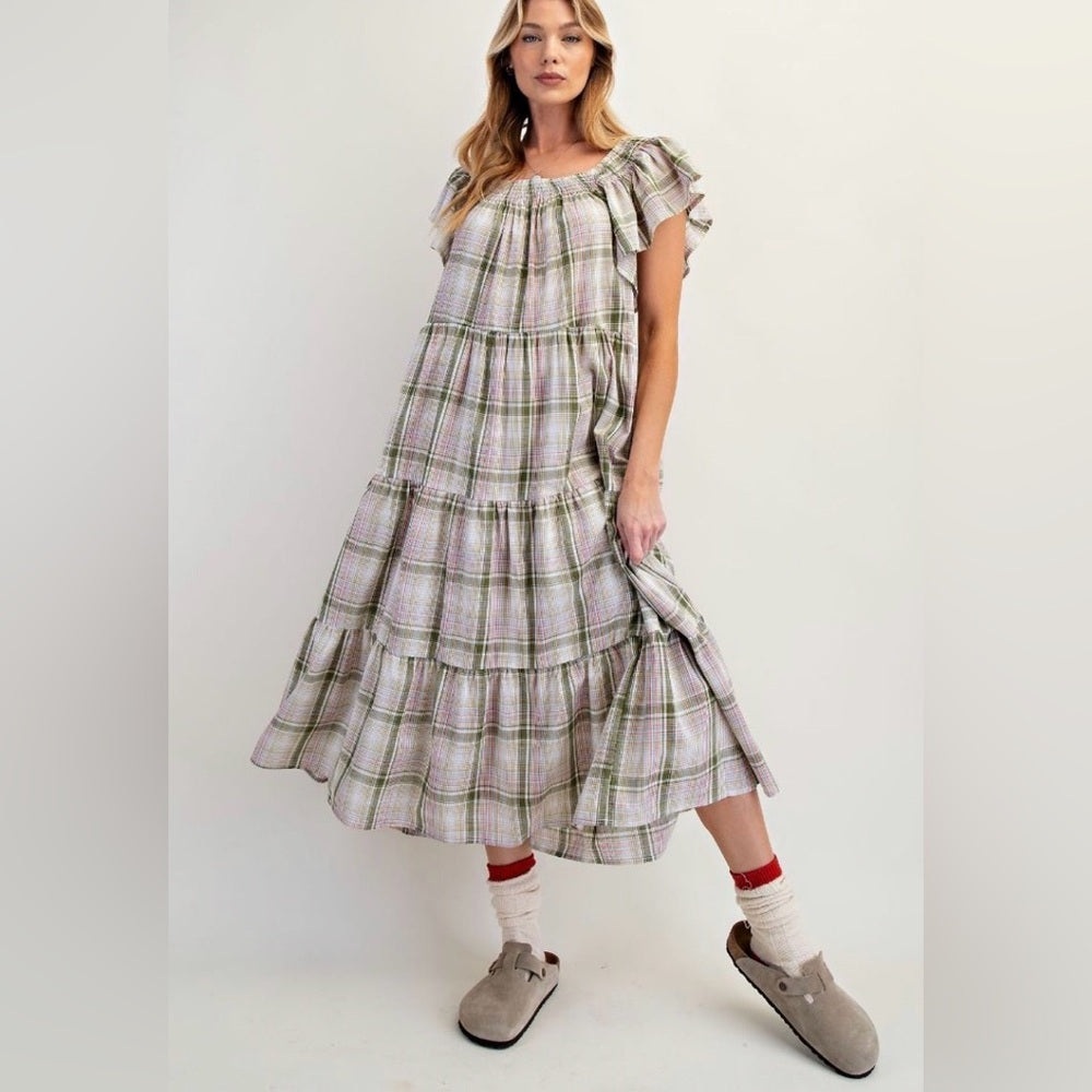 843. Easel Plaid Off-Shoulder Maxi Dress