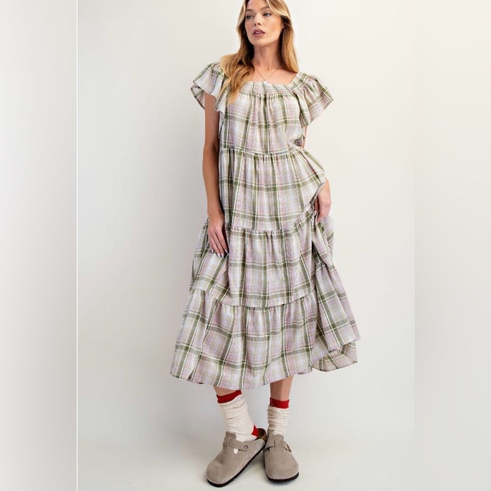 843. Easel Plaid Off-Shoulder Maxi Dress