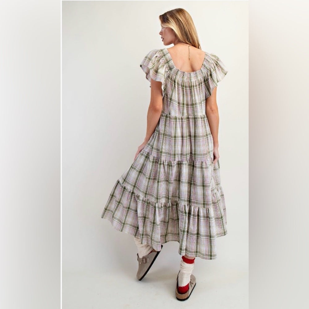 843. Easel Plaid Off-Shoulder Maxi Dress