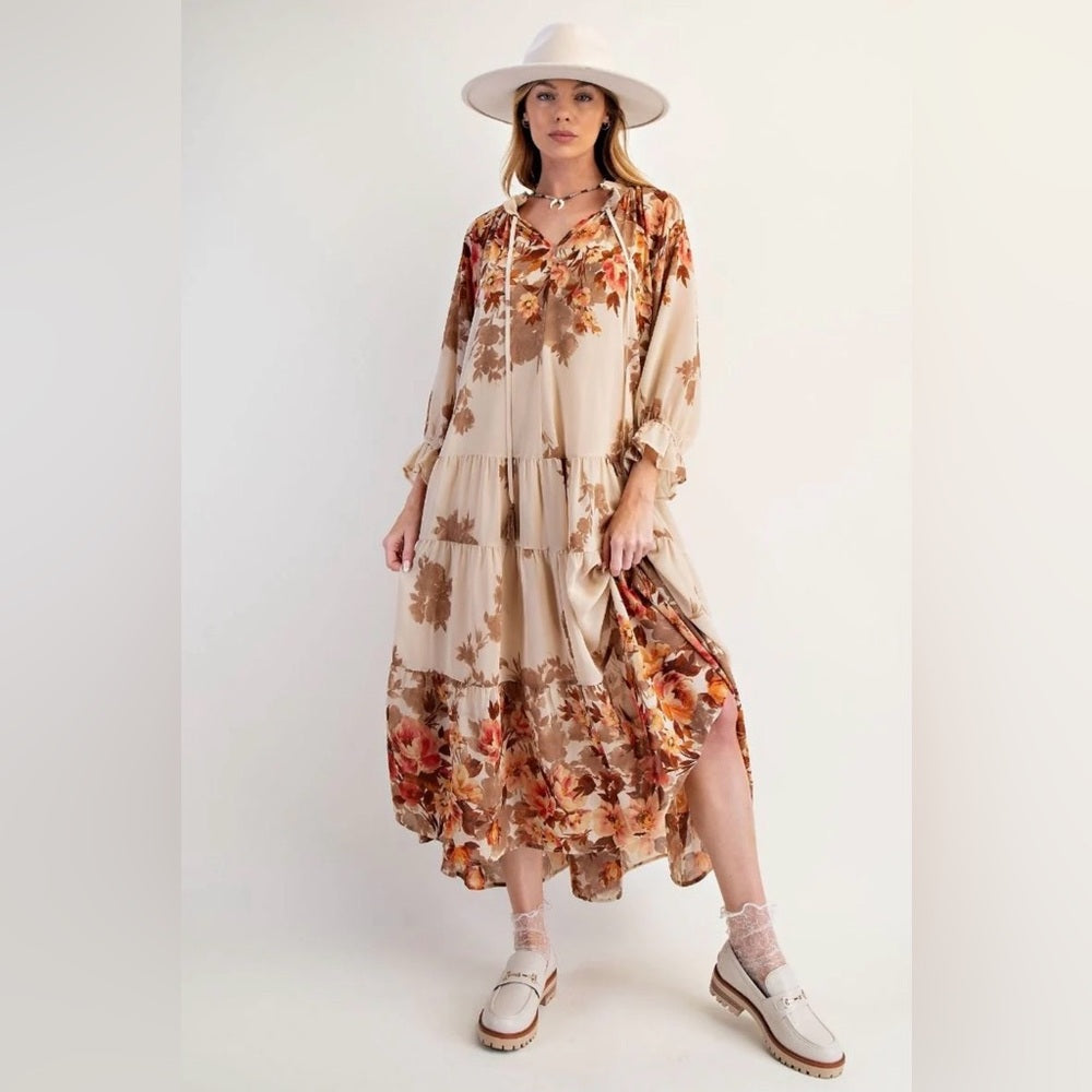 845. Easel Floral Beige Maxi Dress