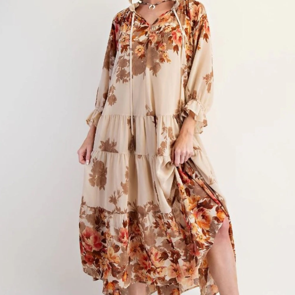 845. Easel Floral Beige Maxi Dress