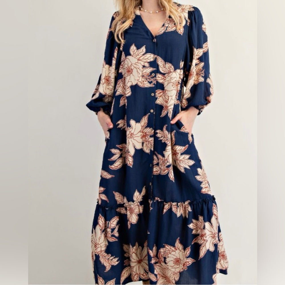 846. Easel Floral Navy Maxi Dress