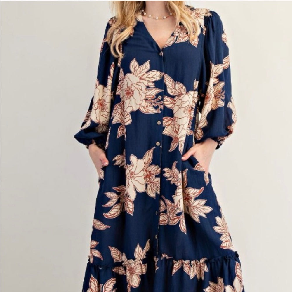 846. Easel Floral Navy Maxi Dress