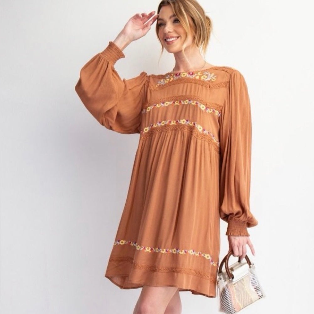 849. Easel Embroidered Tan Boho Dress