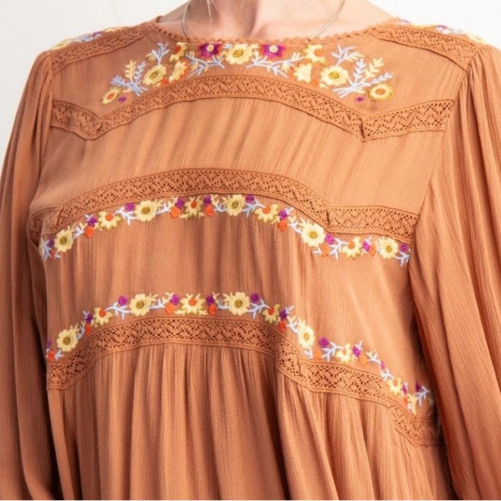 849. Easel Embroidered Tan Boho Dress