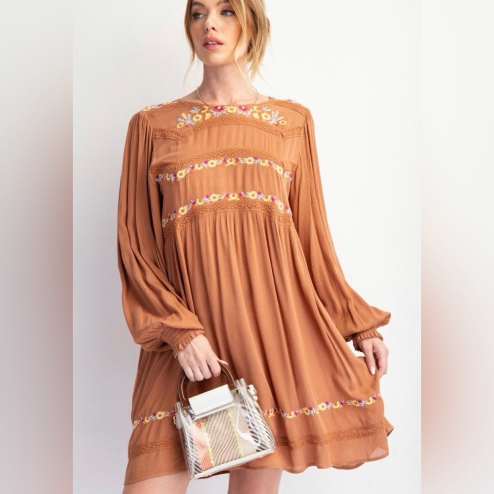 849. Easel Embroidered Tan Boho Dress