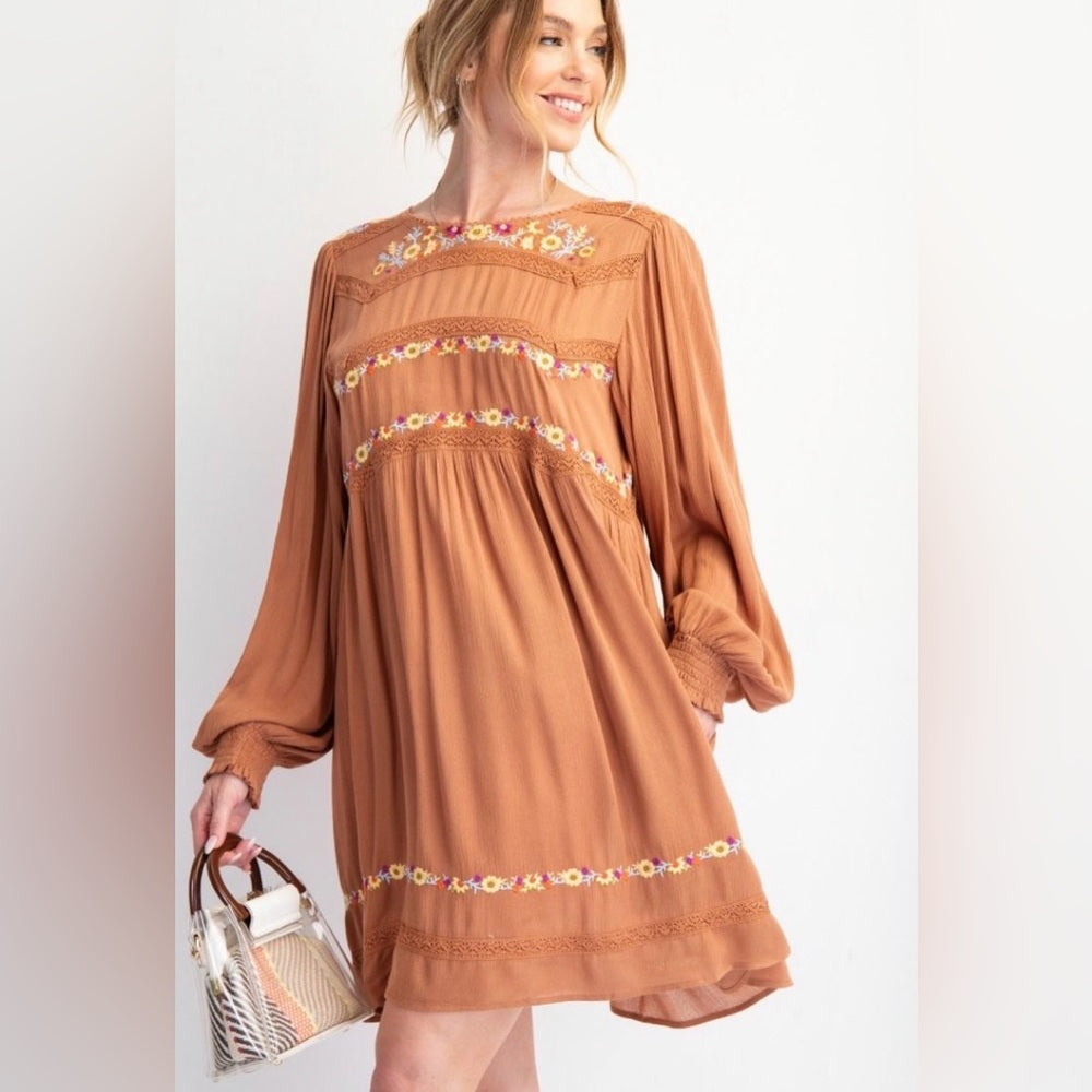849. Easel Embroidered Tan Boho Dress