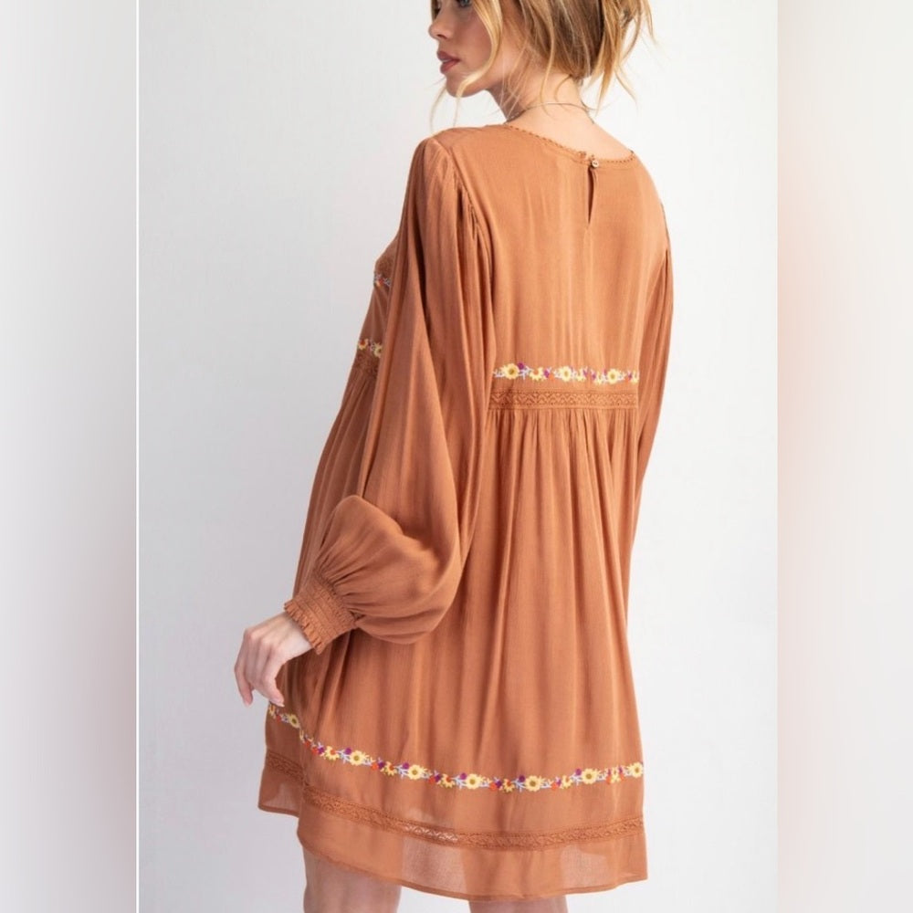 849. Easel Embroidered Tan Boho Dress