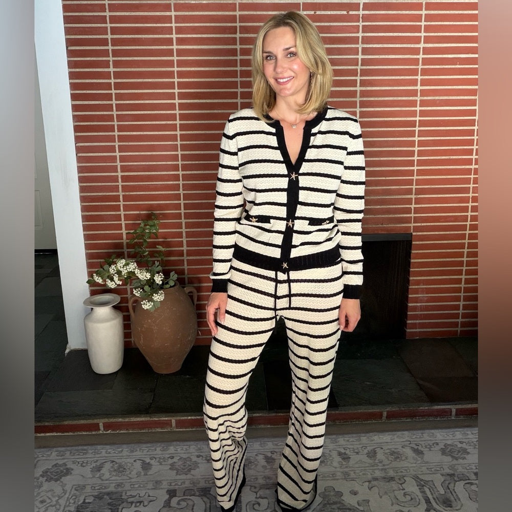 859. Striped Black and Cream Knit Long Sleeve Starfish Button Top and Pant Set