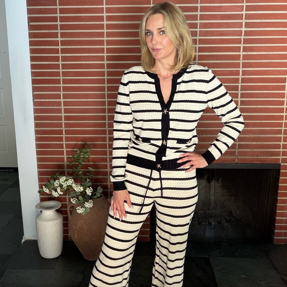 859. Striped Black and Cream Knit Long Sleeve Starfish Button Top and Pant Set