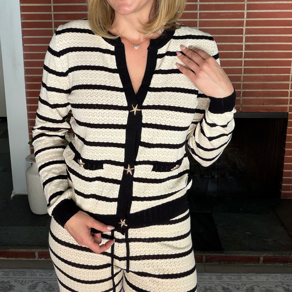 859. Striped Black and Cream Knit Long Sleeve Starfish Button Top and Pant Set