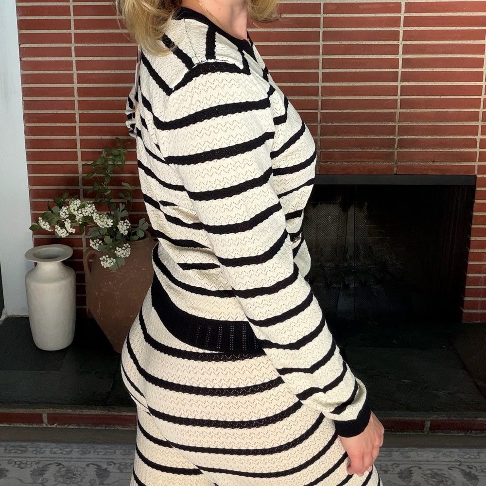 859. Striped Black and Cream Knit Long Sleeve Starfish Button Top and Pant Set