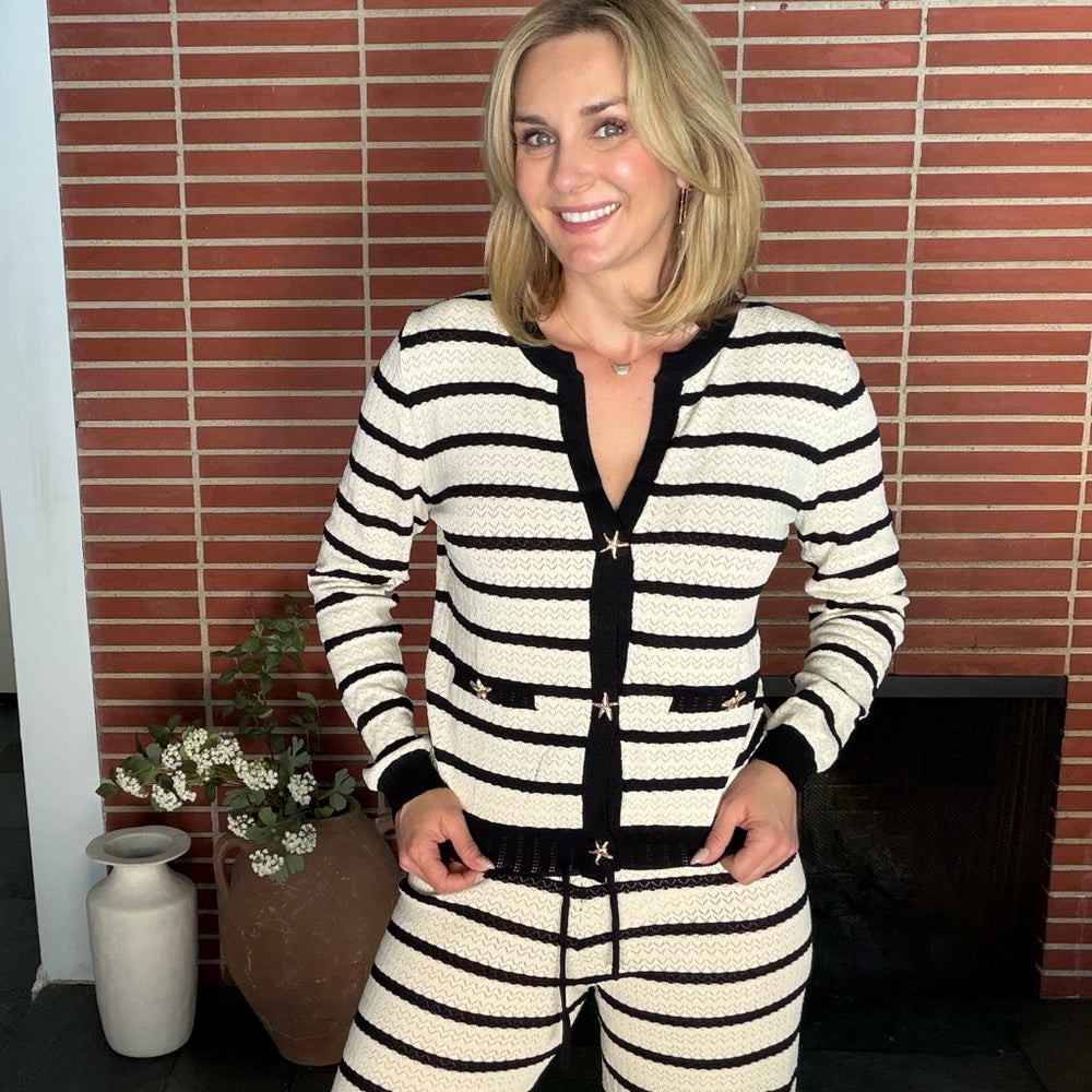 859. Striped Black and Cream Knit Long Sleeve Starfish Button Top and Pant Set