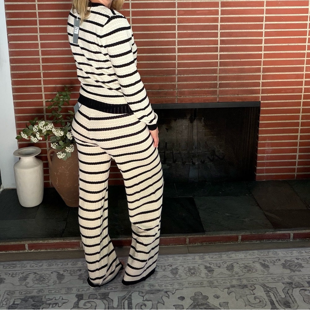 859. Striped Black and Cream Knit Long Sleeve Starfish Button Top and Pant Set