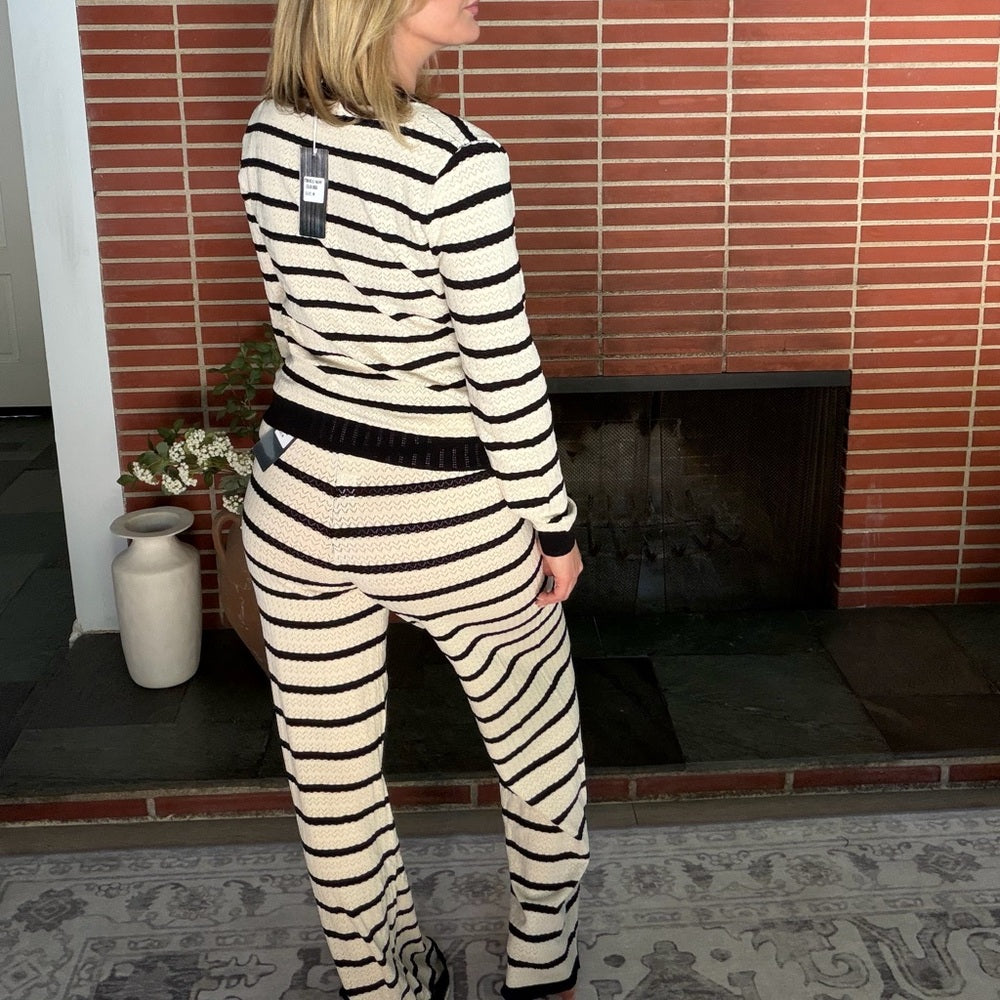 859. Striped Black and Cream Knit Long Sleeve Starfish Button Top and Pant Set