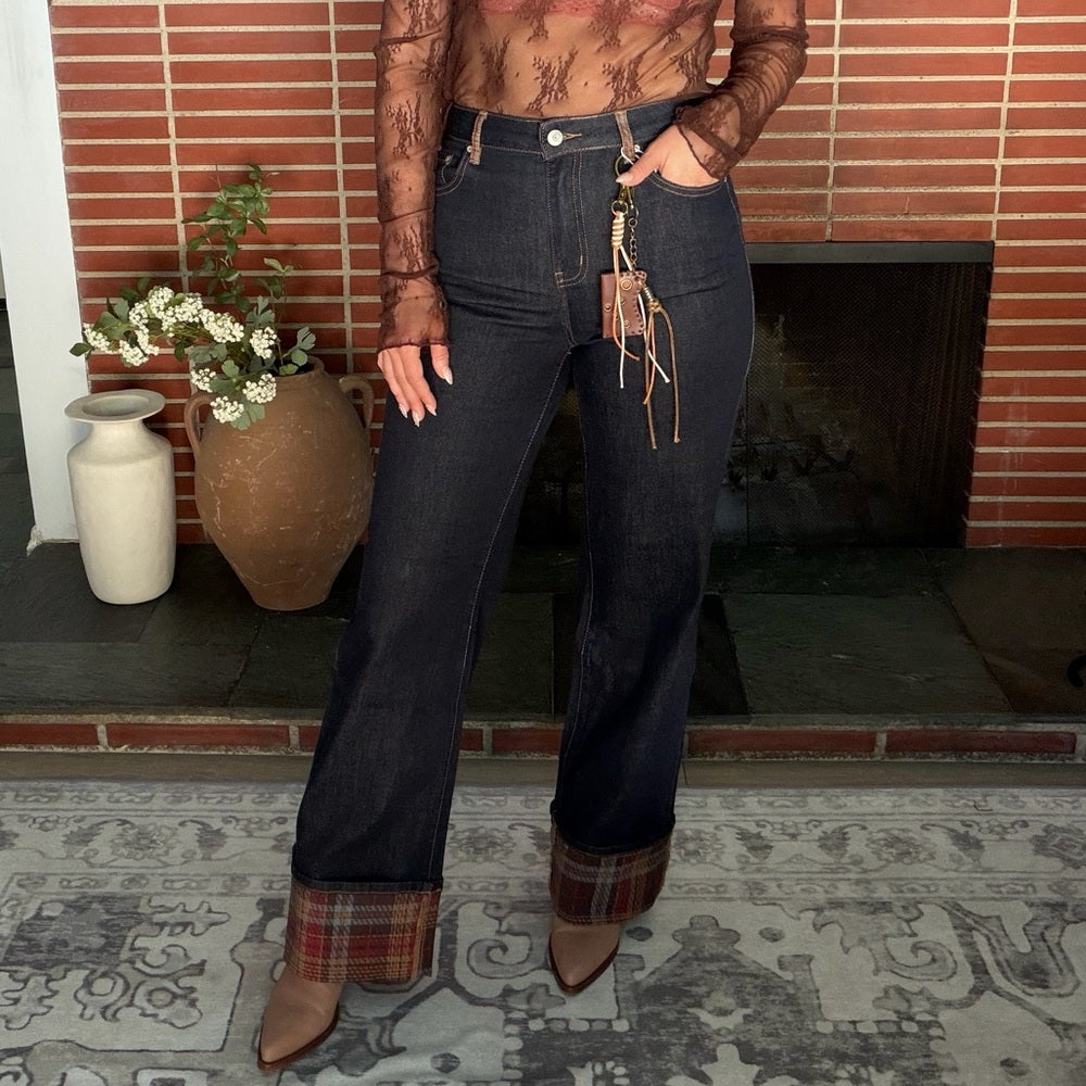 860. High-Waisted Dark Wash Denim Jeans With Plaid Cuffs