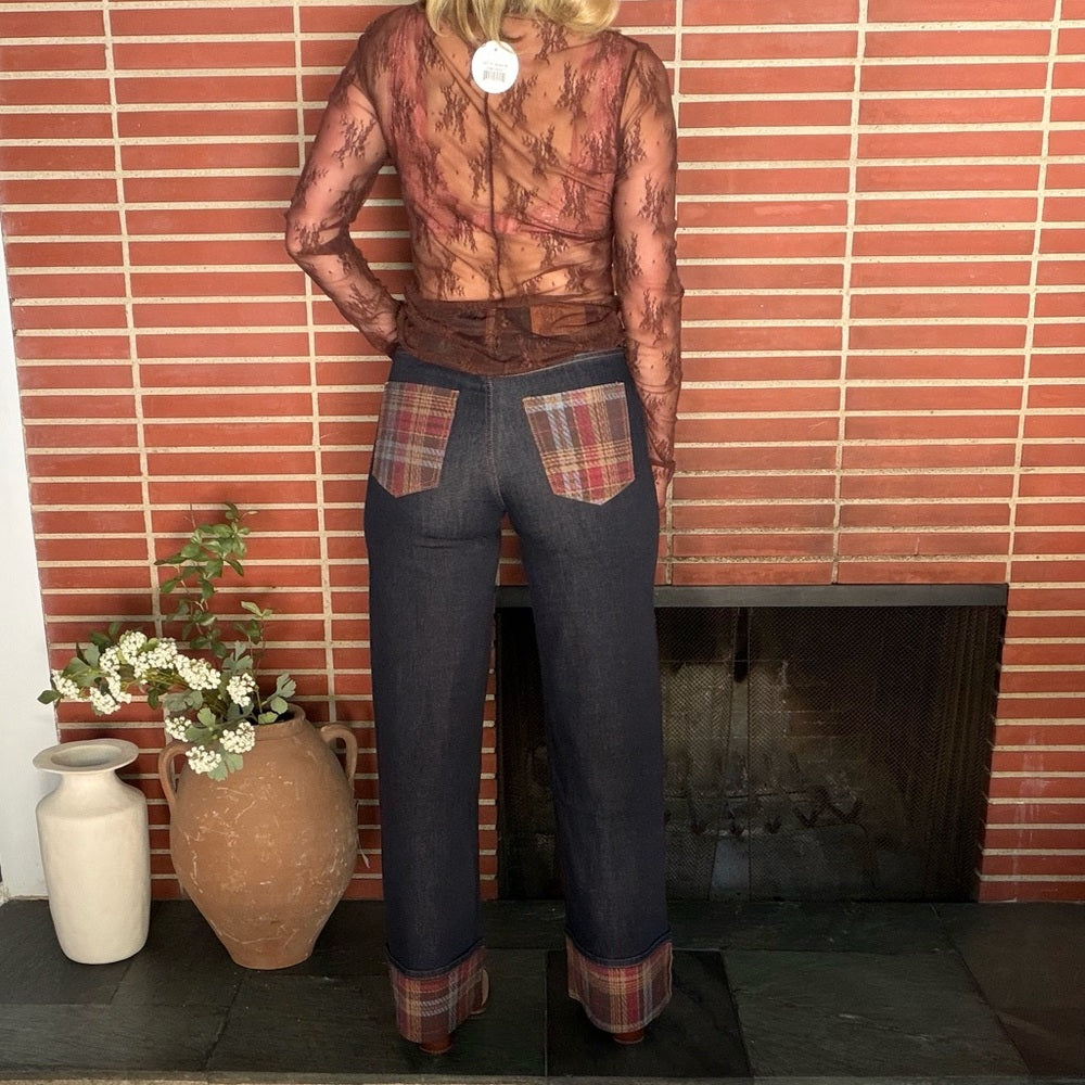 860. High-Waisted Dark Wash Denim Jeans With Plaid Cuffs